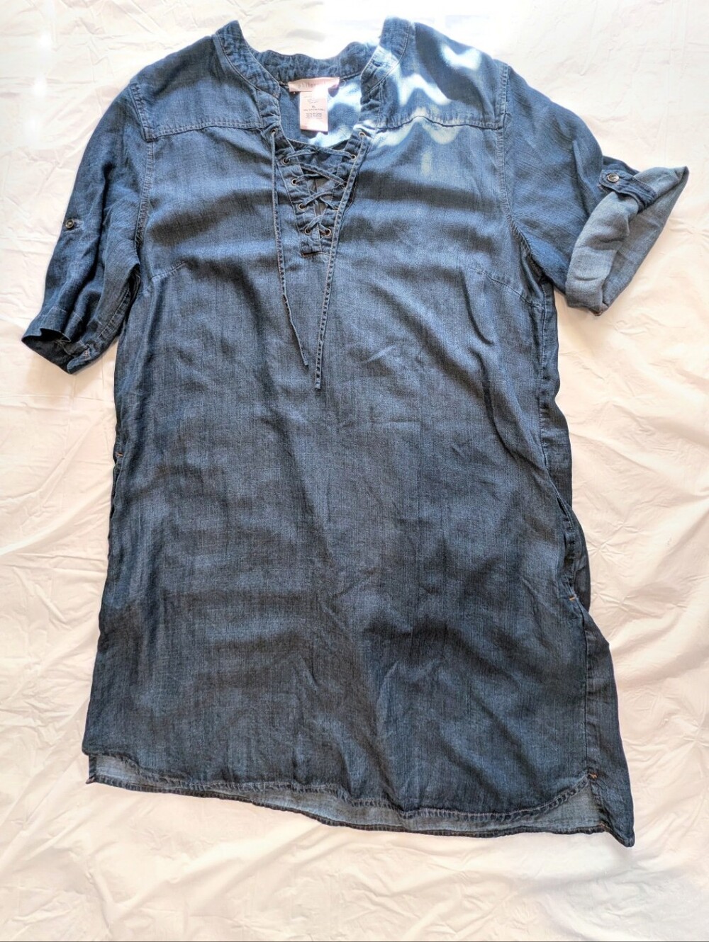 Philosophy Blue Chambray Lace Up Tunic Dress Women Sz XL Tencel Lyocell Bohosoft
